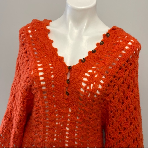 Free People Hooded Open Knit Dolman Sweater Orange Wool Blend Crochet Pullover M - Picture 7 of 16